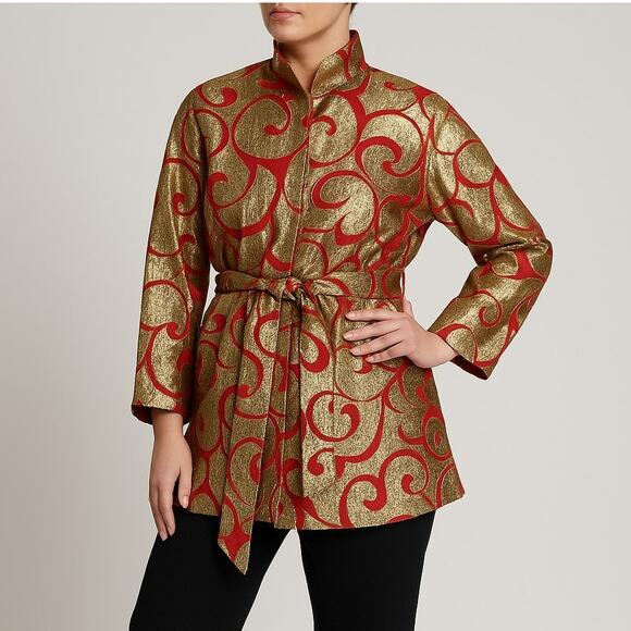 VTG 70's Fernando Sanchez Short Robe Evening Blazer Gold Metallic Red Ribbed Tie - Picture 1 of 12